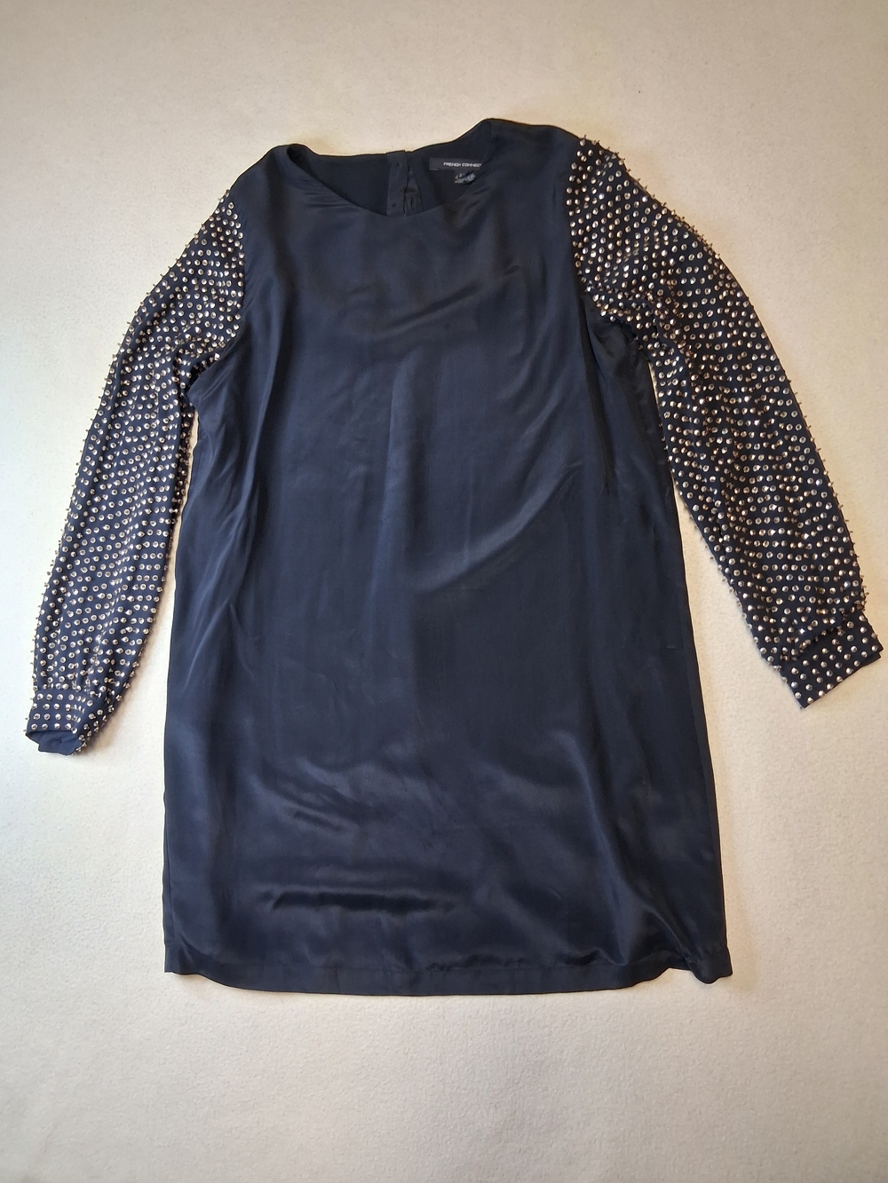 100% Silk French Connection Navy Blue Shift Dress with Studded Sleeves